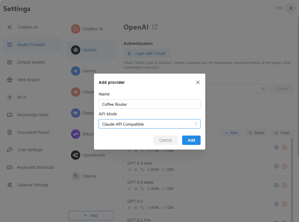 Set the provider name and Claude API Compatible mode