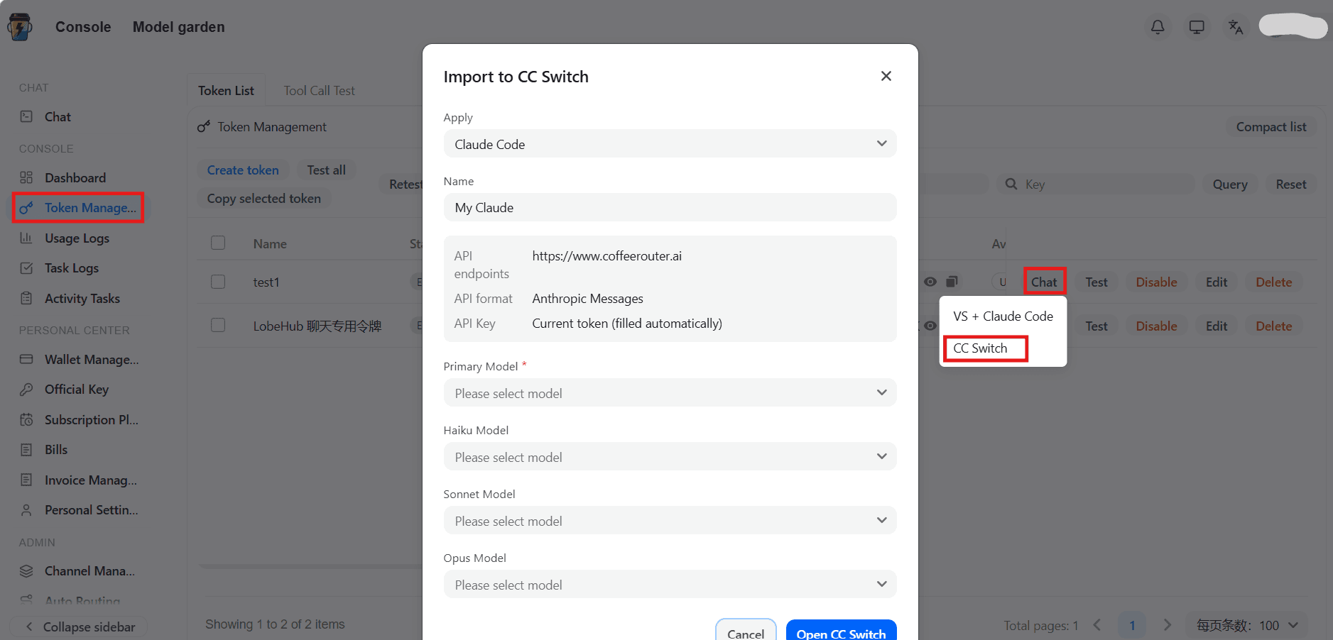 CC Switch Configuration Dialog