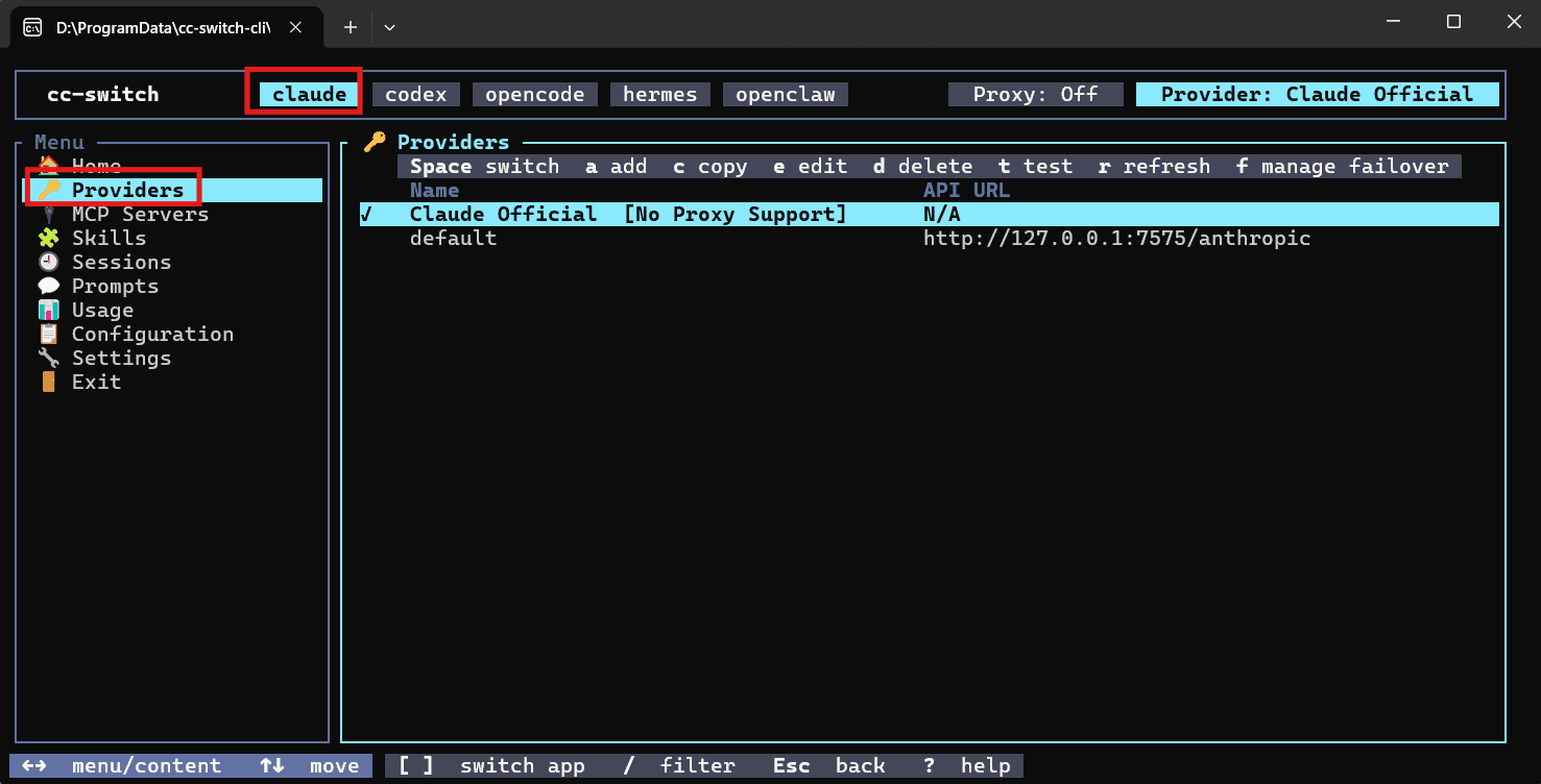 Select the target app in CC Switch CLI