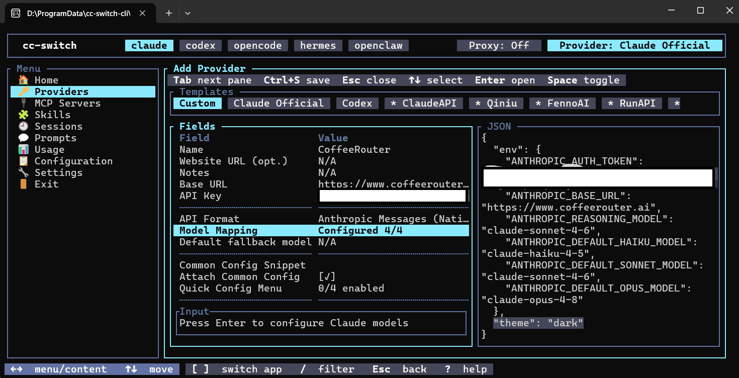 Configure the CoffeeRouter provider for Claude Code