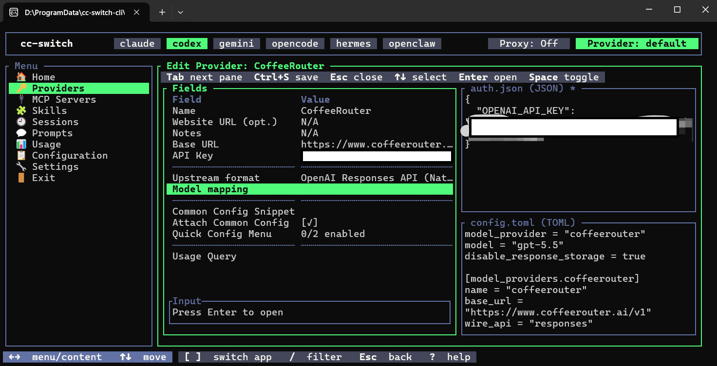 Configure the CoffeeRouter provider for Codex