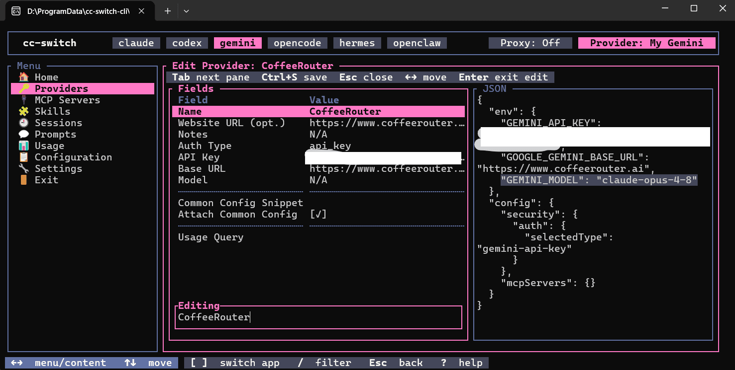 Configure the CoffeeRouter provider for Gemini CLI