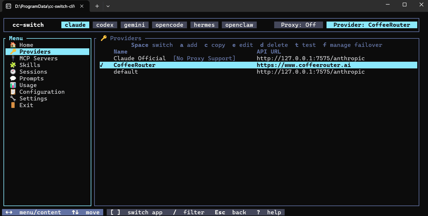 Activate the CoffeeRouter provider and verify the current configuration
