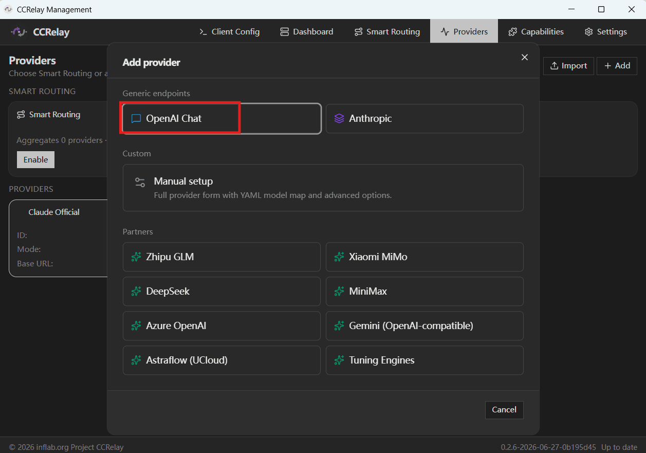 Choose OpenAI Chat when adding a provider