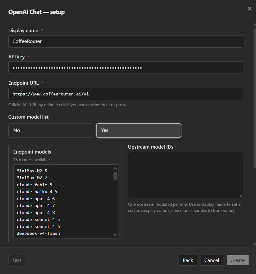 Enter the CoffeeRouter provider credentials