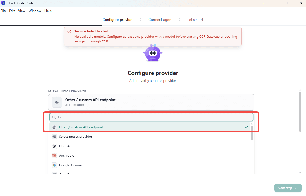 Choose Other and a custom API endpoint in Claude Code Router