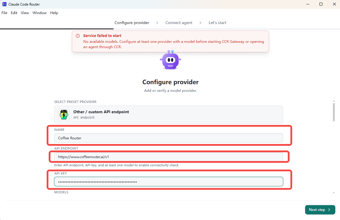 Enter the CoffeeRouter provider credentials