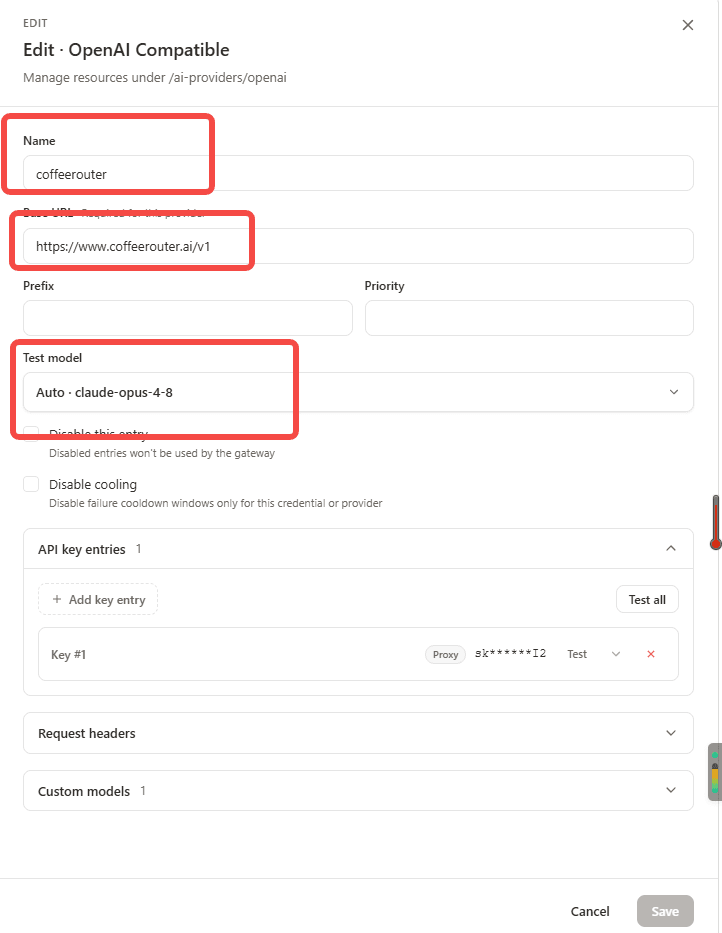 Configure the CoffeeRouter OpenAI Compatible provider