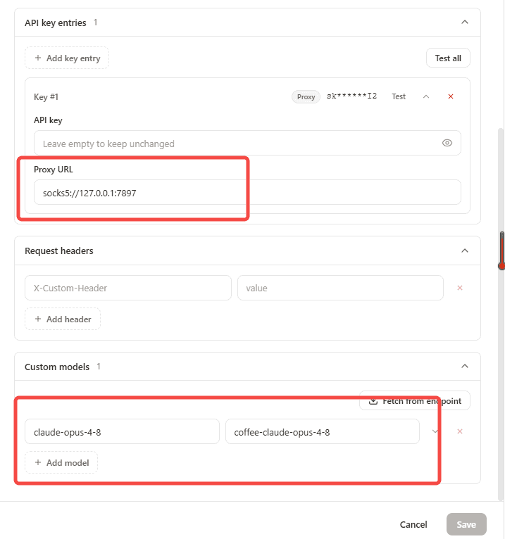 Configure the upstream key, proxy, and model mapping