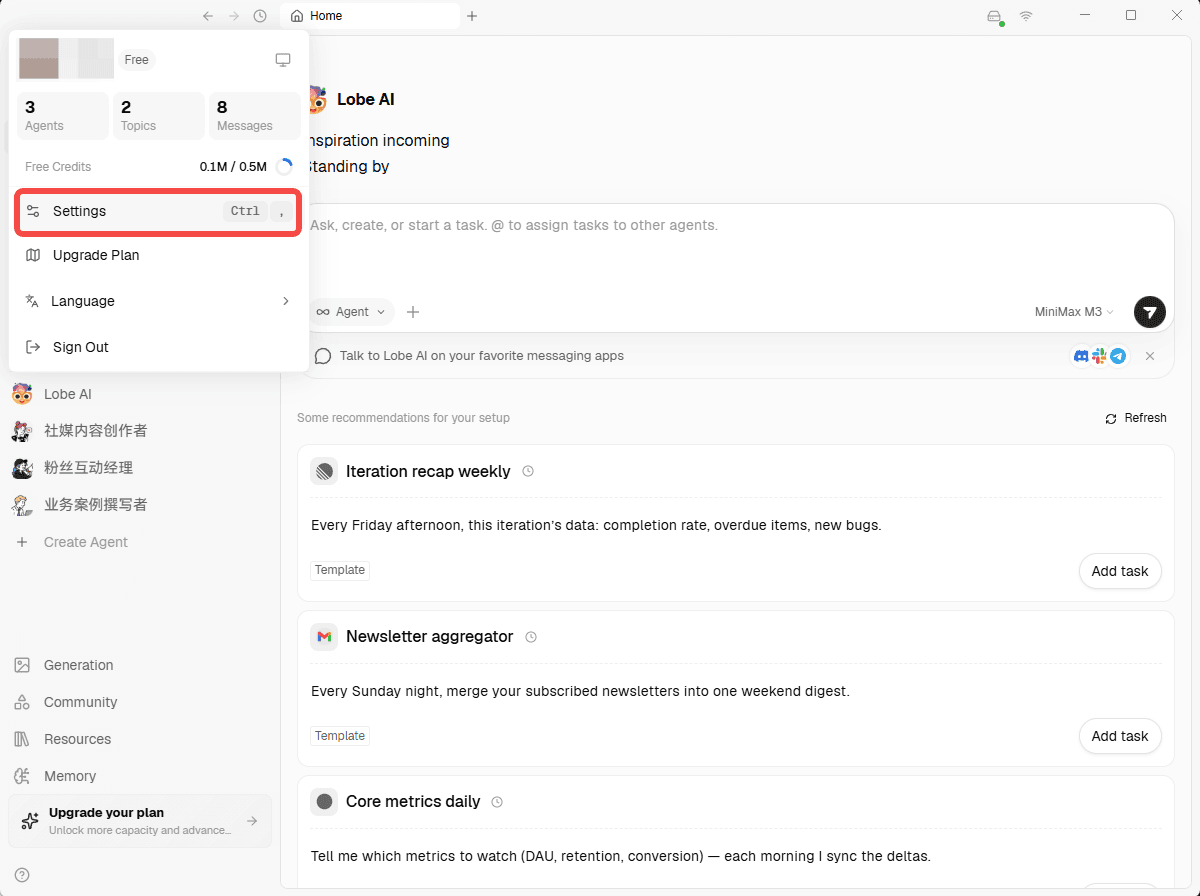 Open Settings in LobeHub