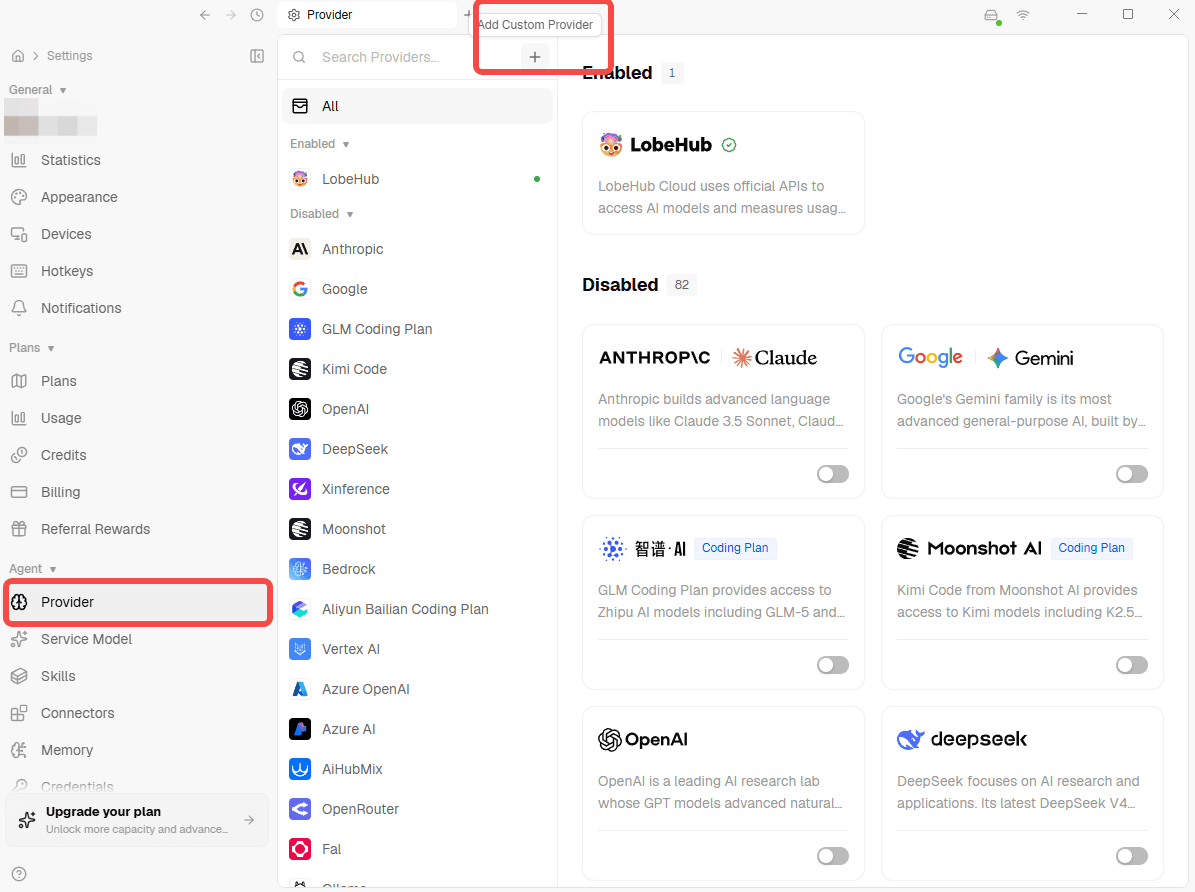 Open Provider settings and click Add Custom Provider