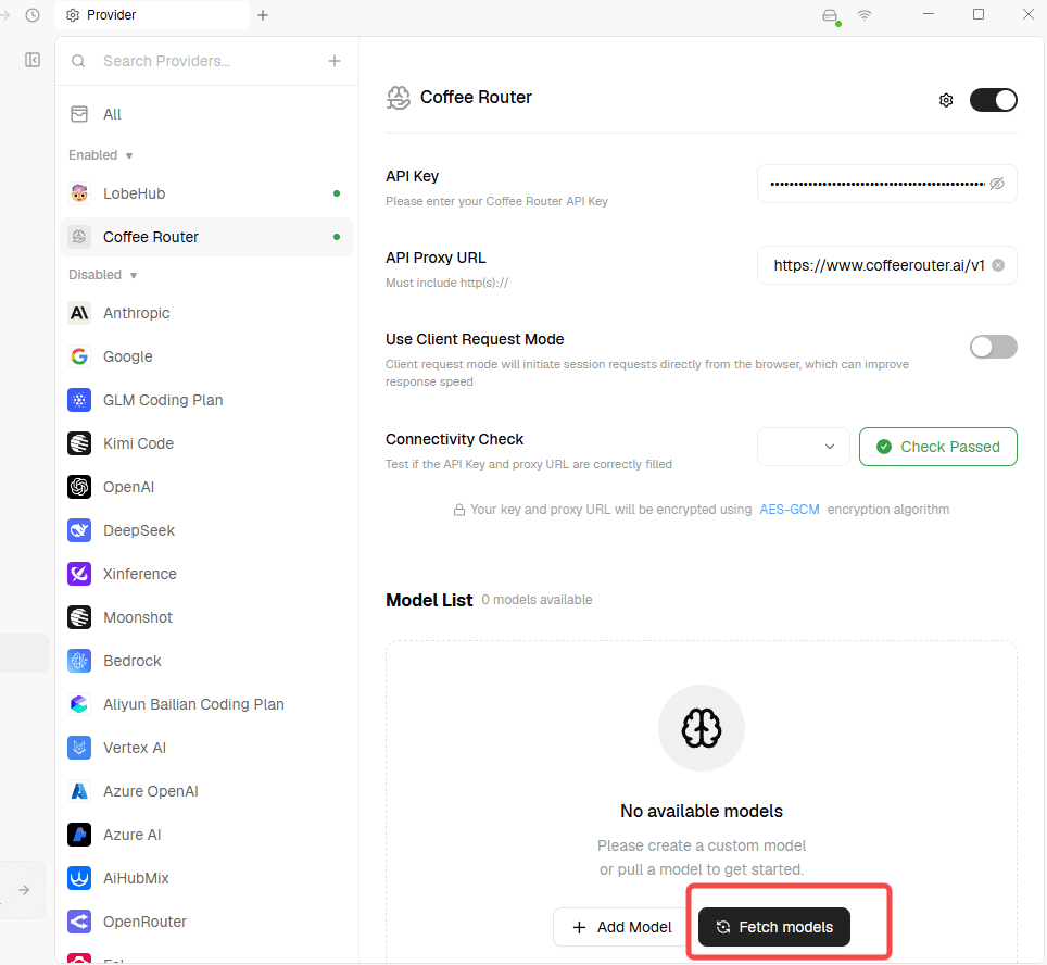 Fetch CoffeeRouter models in LobeHub