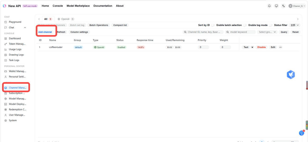 Add a channel from New API Channel Management
