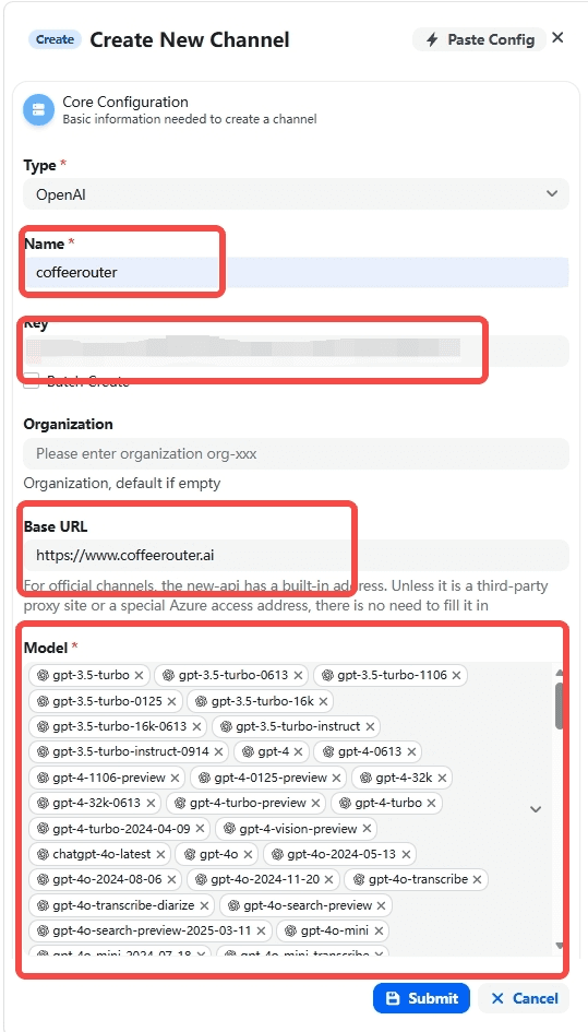 Configure the CoffeeRouter channel in New API