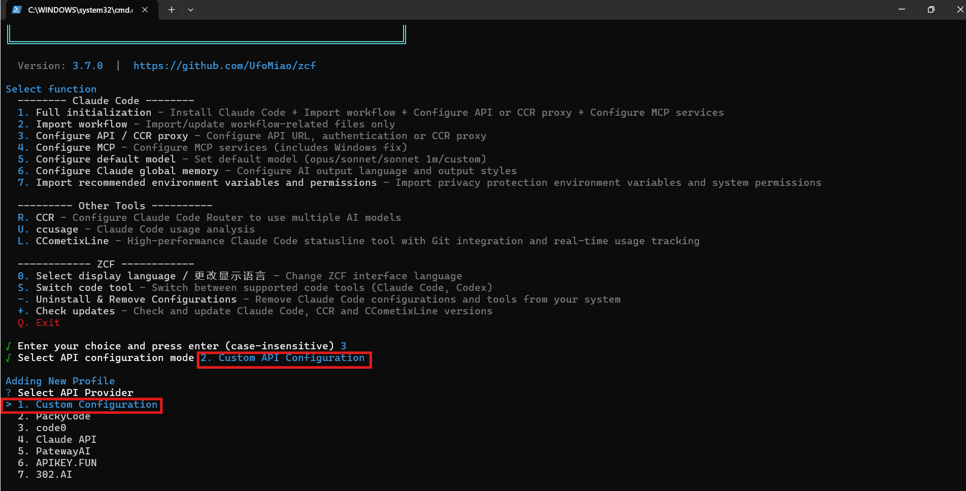 Select a custom API provider